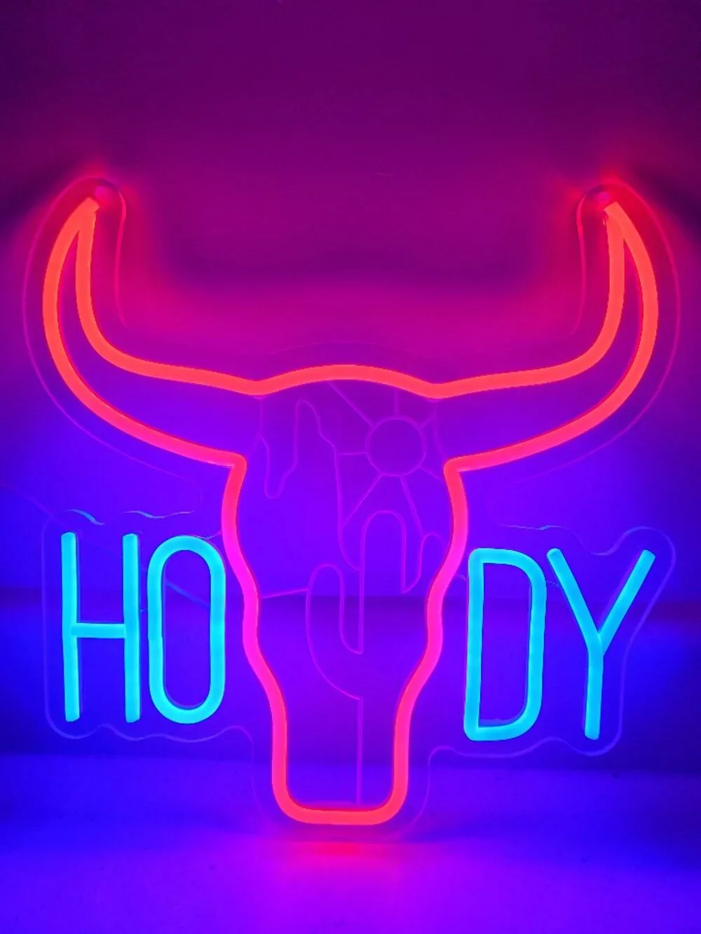 Howdy Longhorn Red & Blue LED Neon Sign-USB-Cactus Sun Mountain 13.5